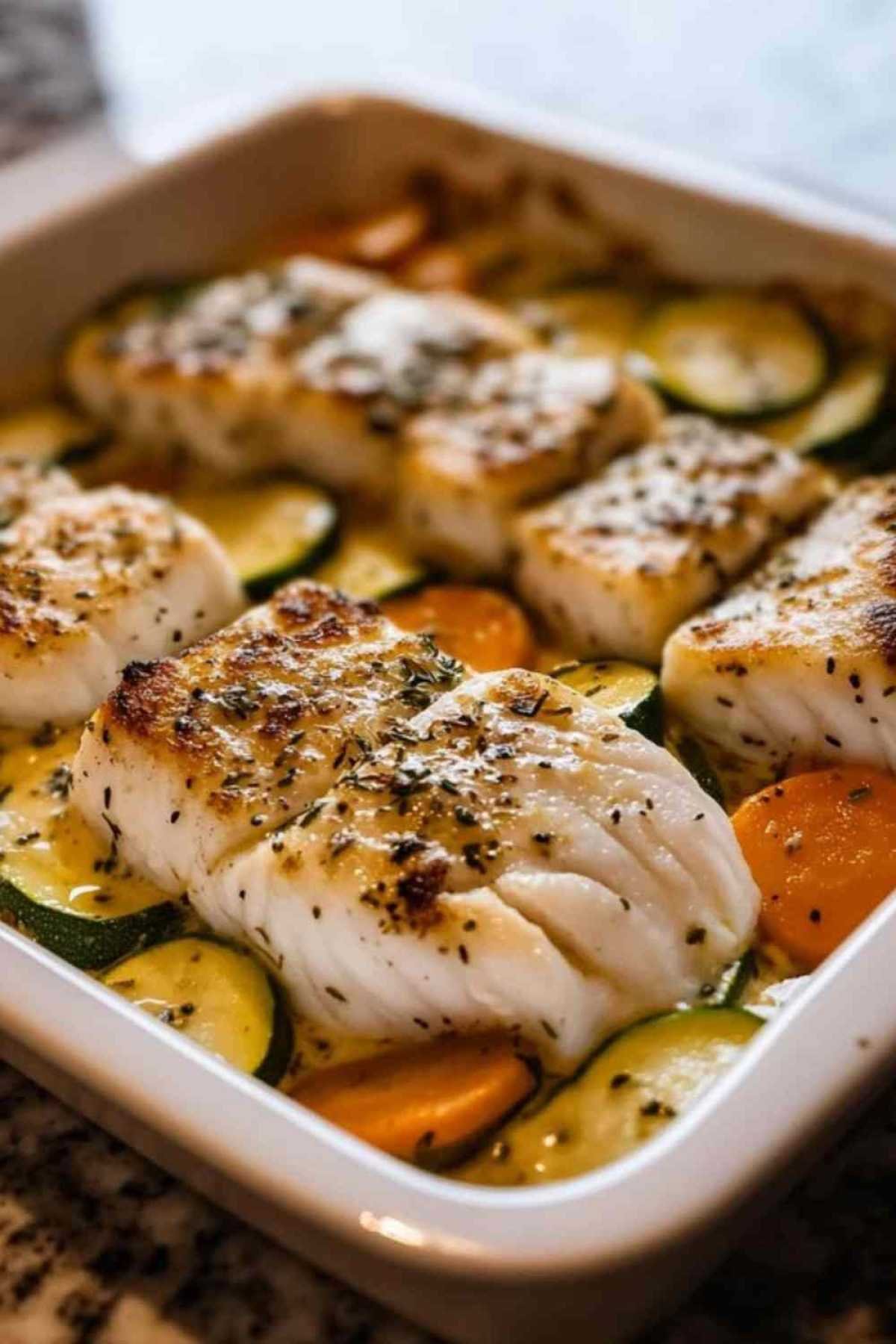 Préparation des filets de cabillaud sur lit de légumes avant cuisson