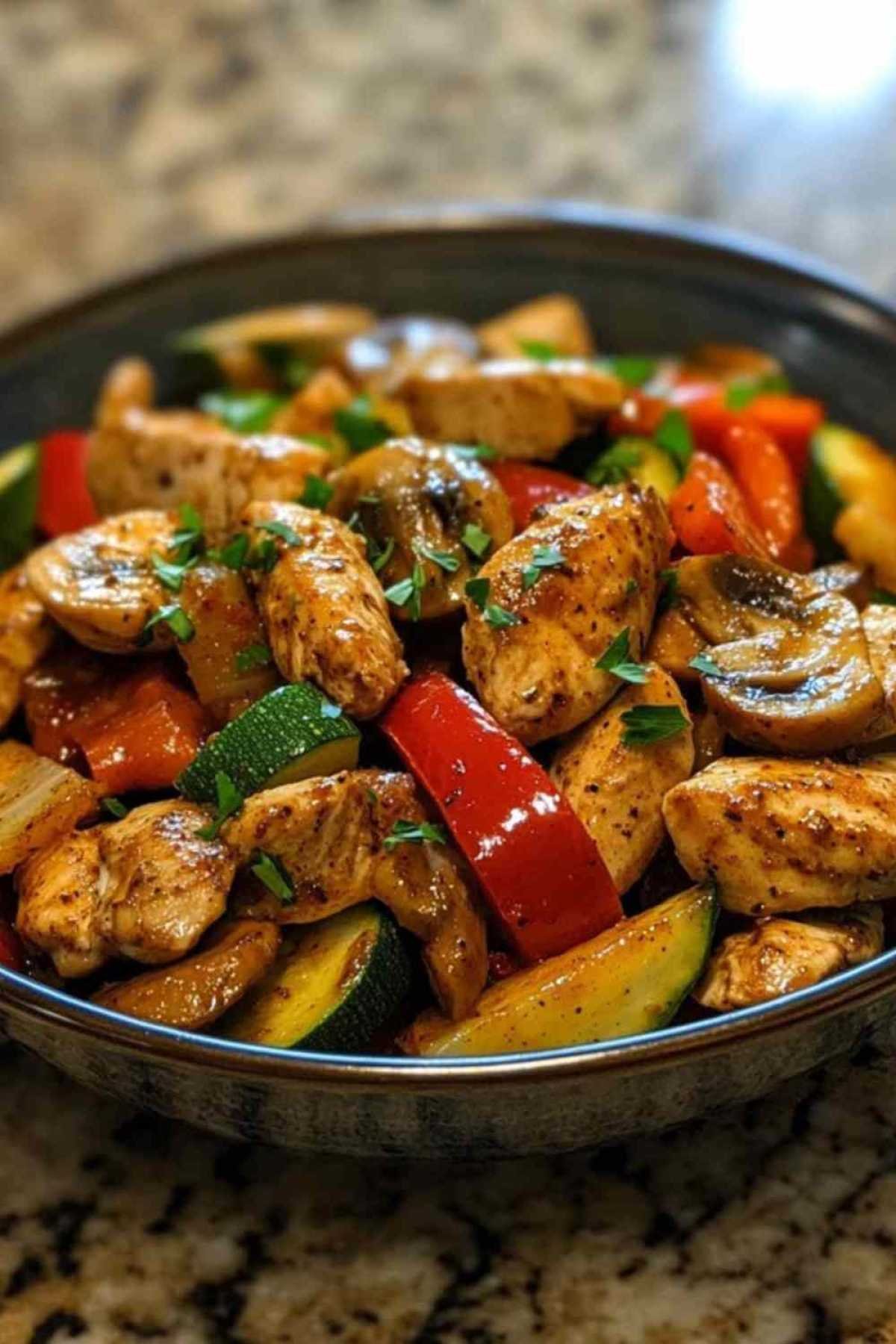  Émincé de poulet aux légumes frais dans une assiette