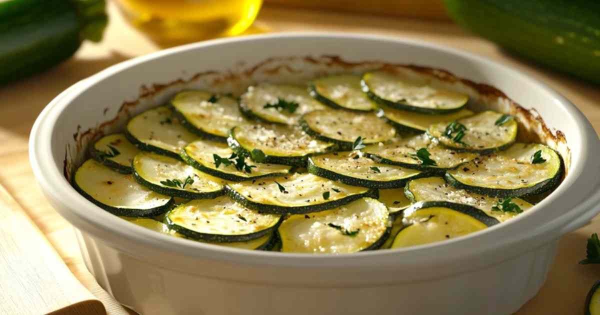 Coupe transversale d’un gratin de courgettes au parmesan montrant les couches