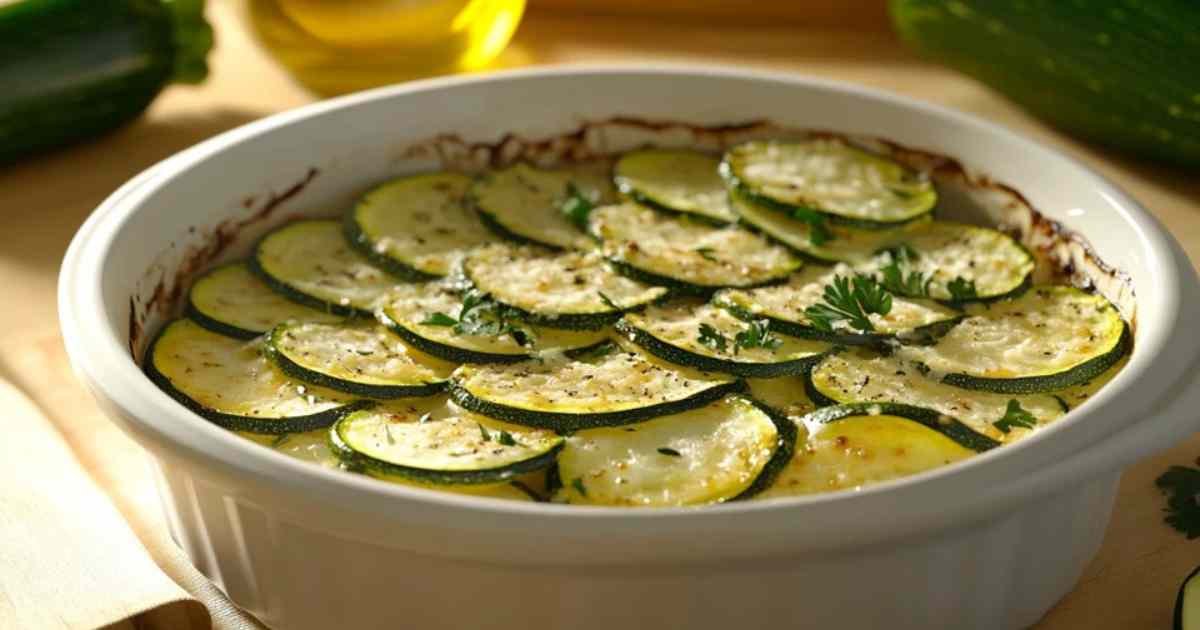 Portion individuelle de gratin de courgettes au parmesan dans une assiette