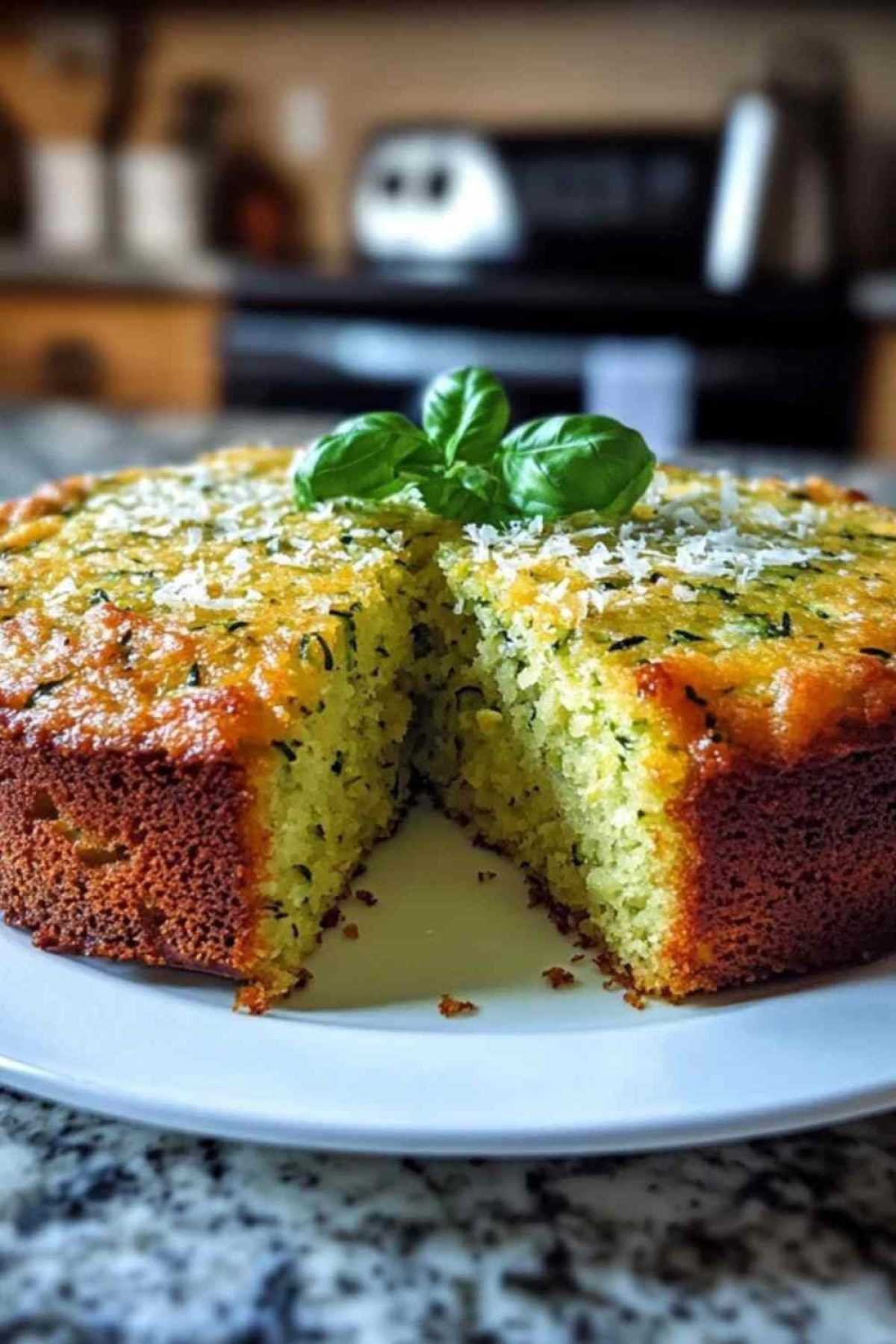  Parts de gâteau moelleux aux courgettes et parmesan servies sur une assiette