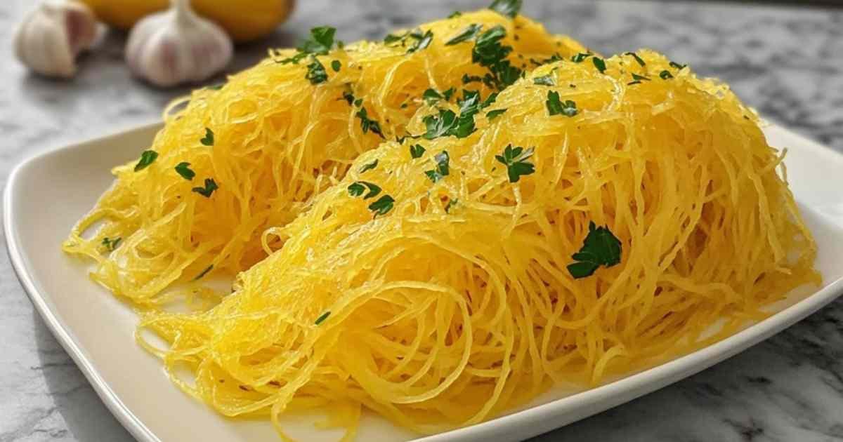 Assiette de courge spaghetti servie avec herbes fraîches
