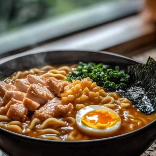 Ramen au poulet garni d’oignons verts, œuf et nori