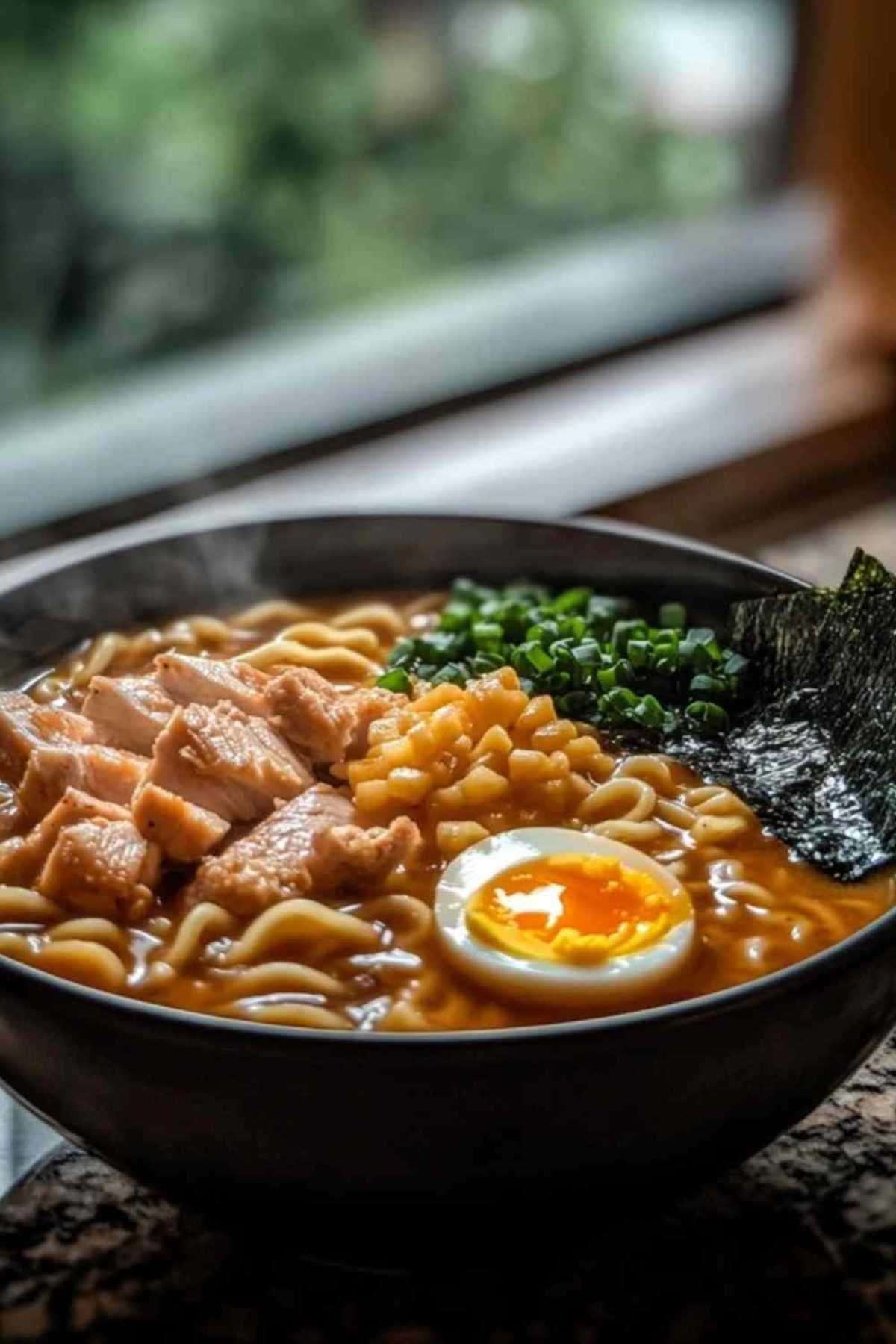 Ramen au poulet garni d’oignons verts, œuf et nori
