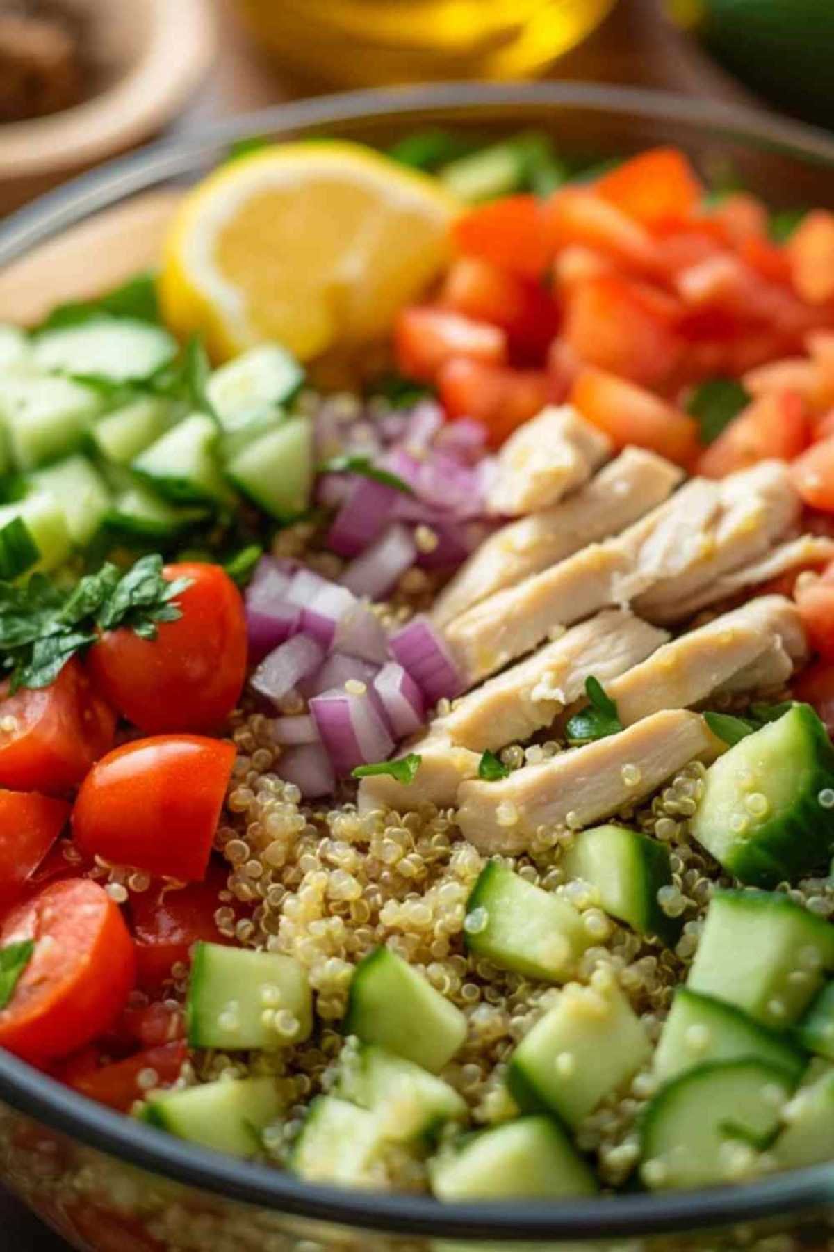 Salade quinoa poulet servie avec pain pita