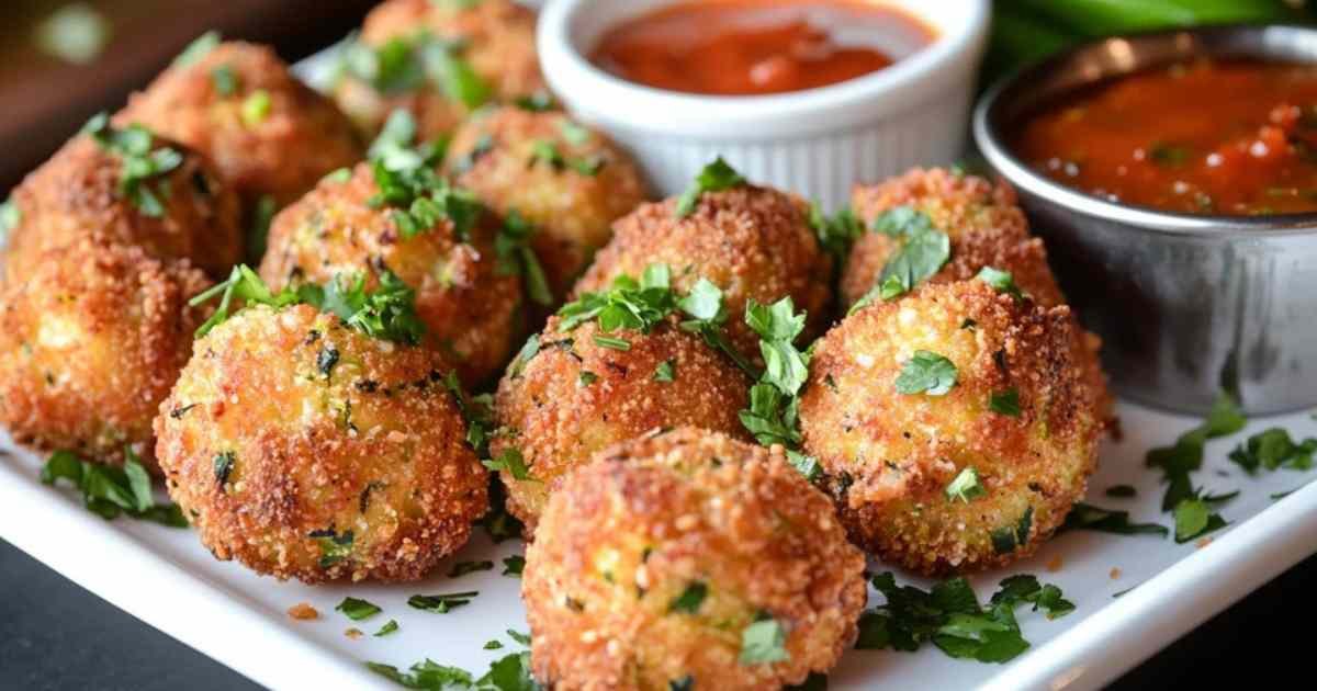 Assiette de boulettes de courgettes servies avec une sauce au yaourt