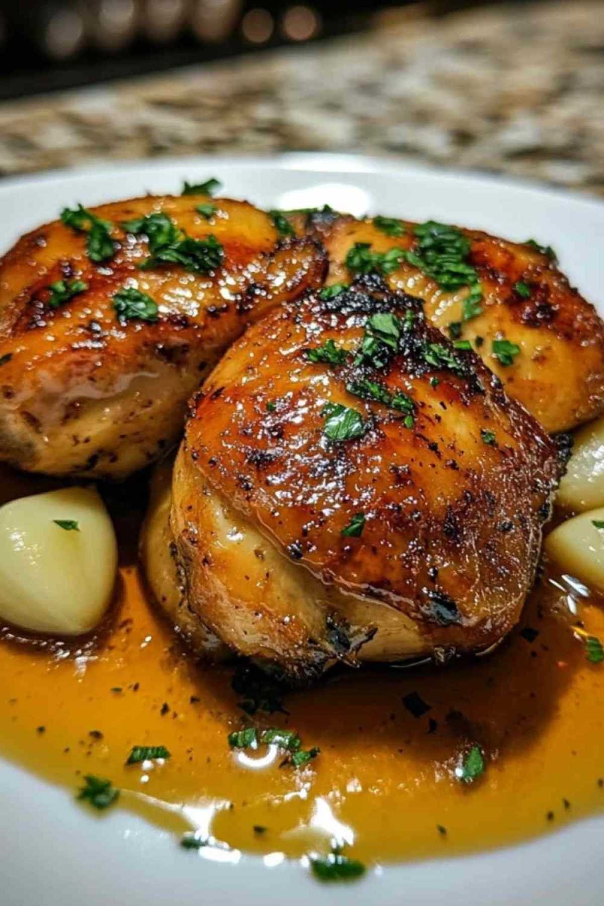Poulet au miel et à l’ail servi avec du riz et des légumes