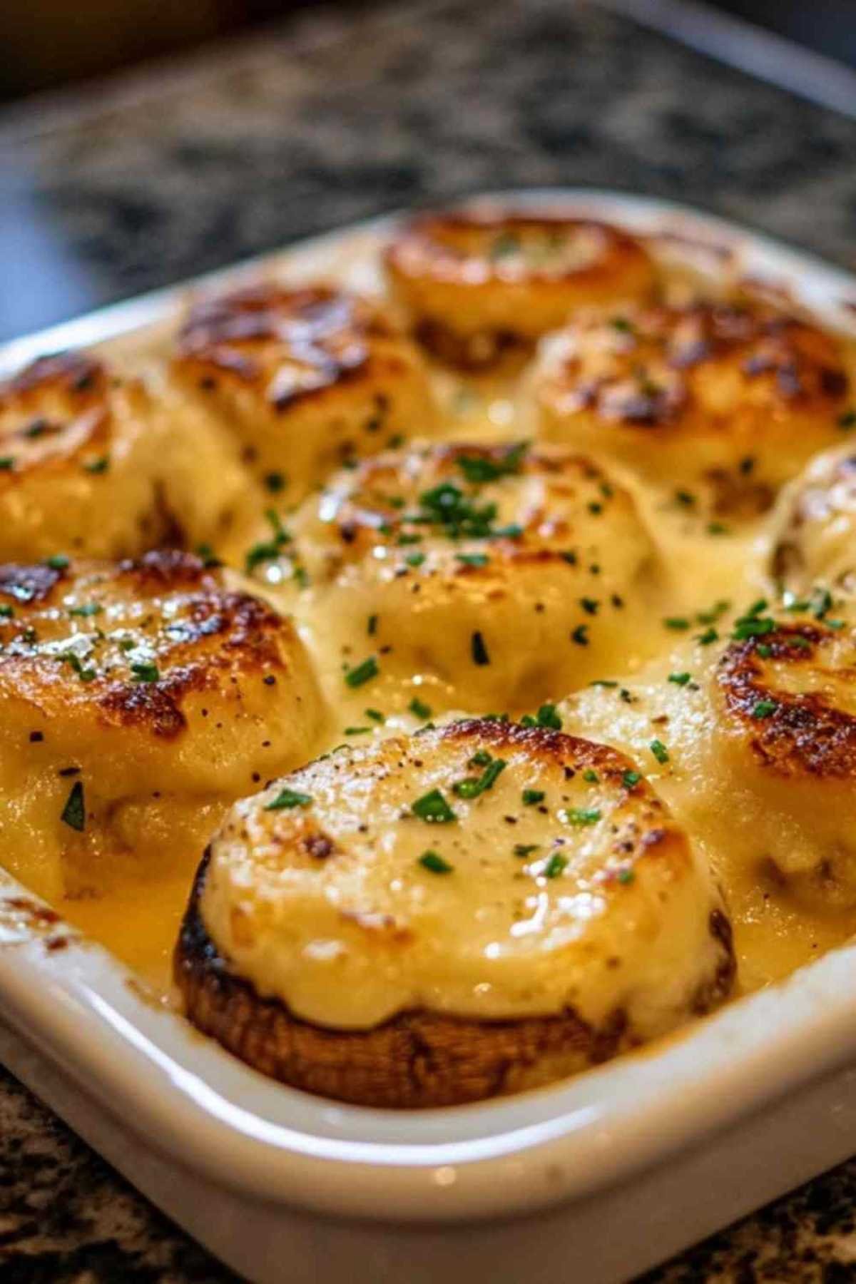 Plateau d’apéritif avec bouchées de champignons gratinés et verres de vin blanc
