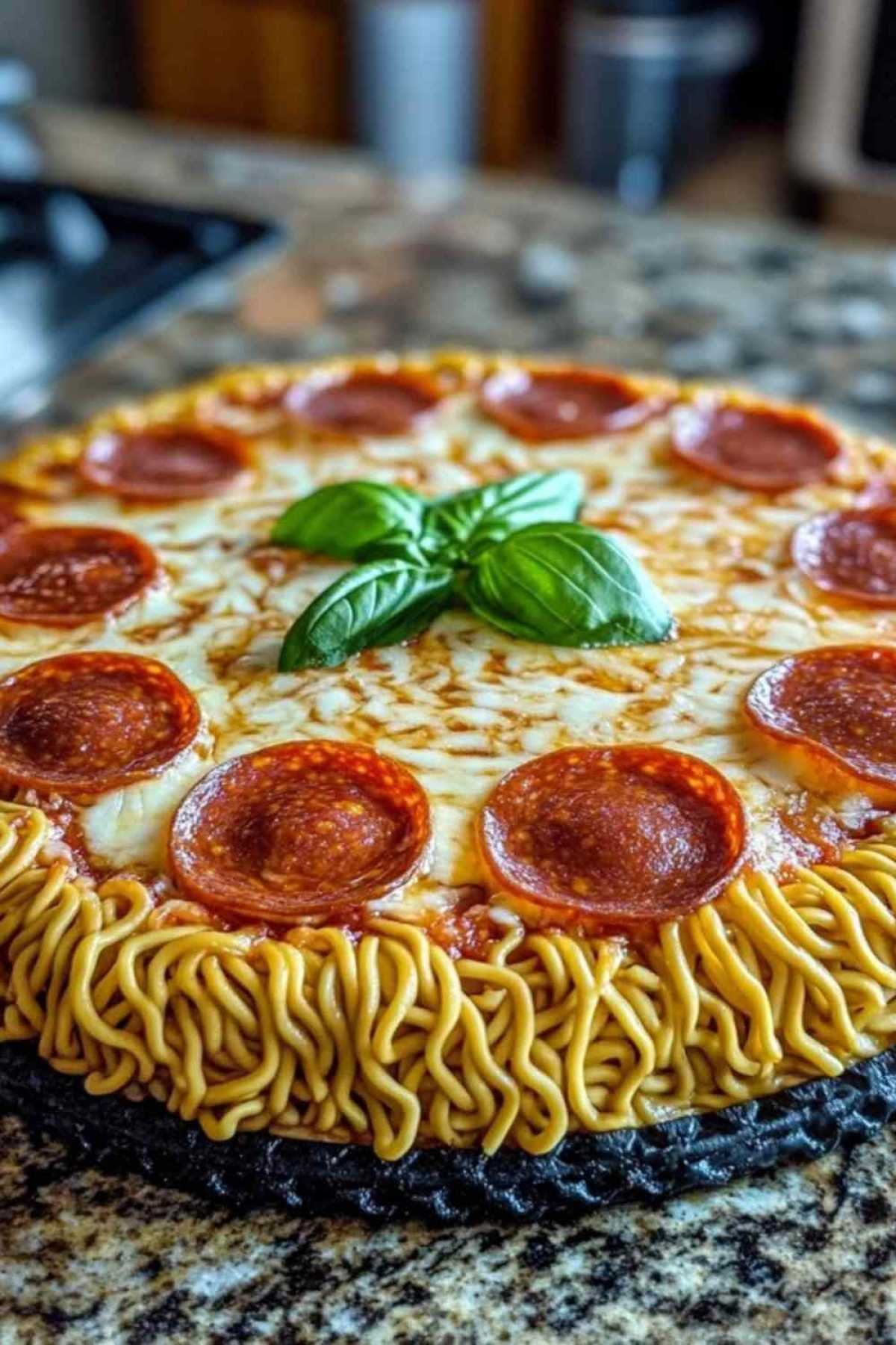 Pizza ramen cuite avec fromage fondu et basilic frais