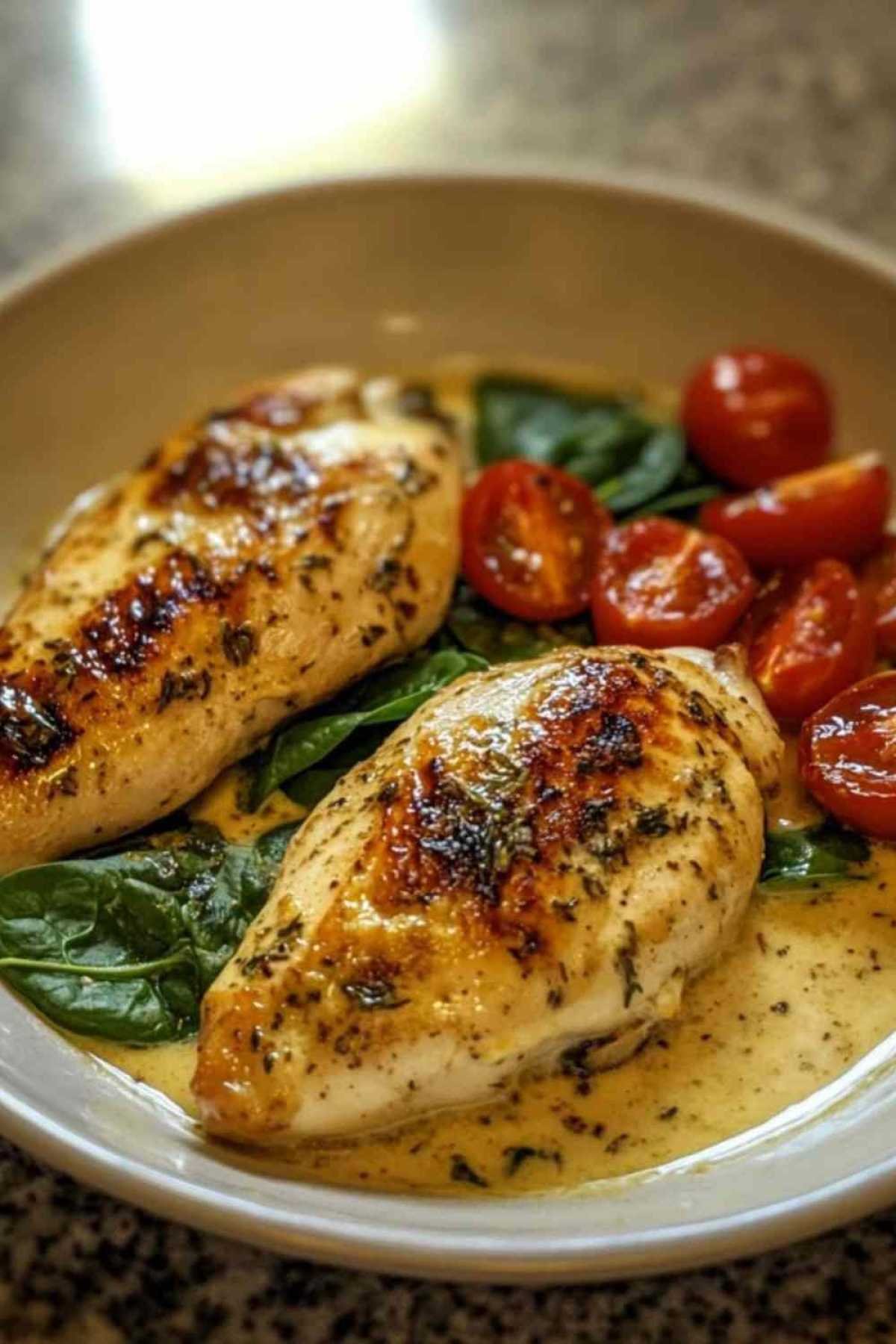 Assiette de poulet crémeux à la toscane avec pâtes