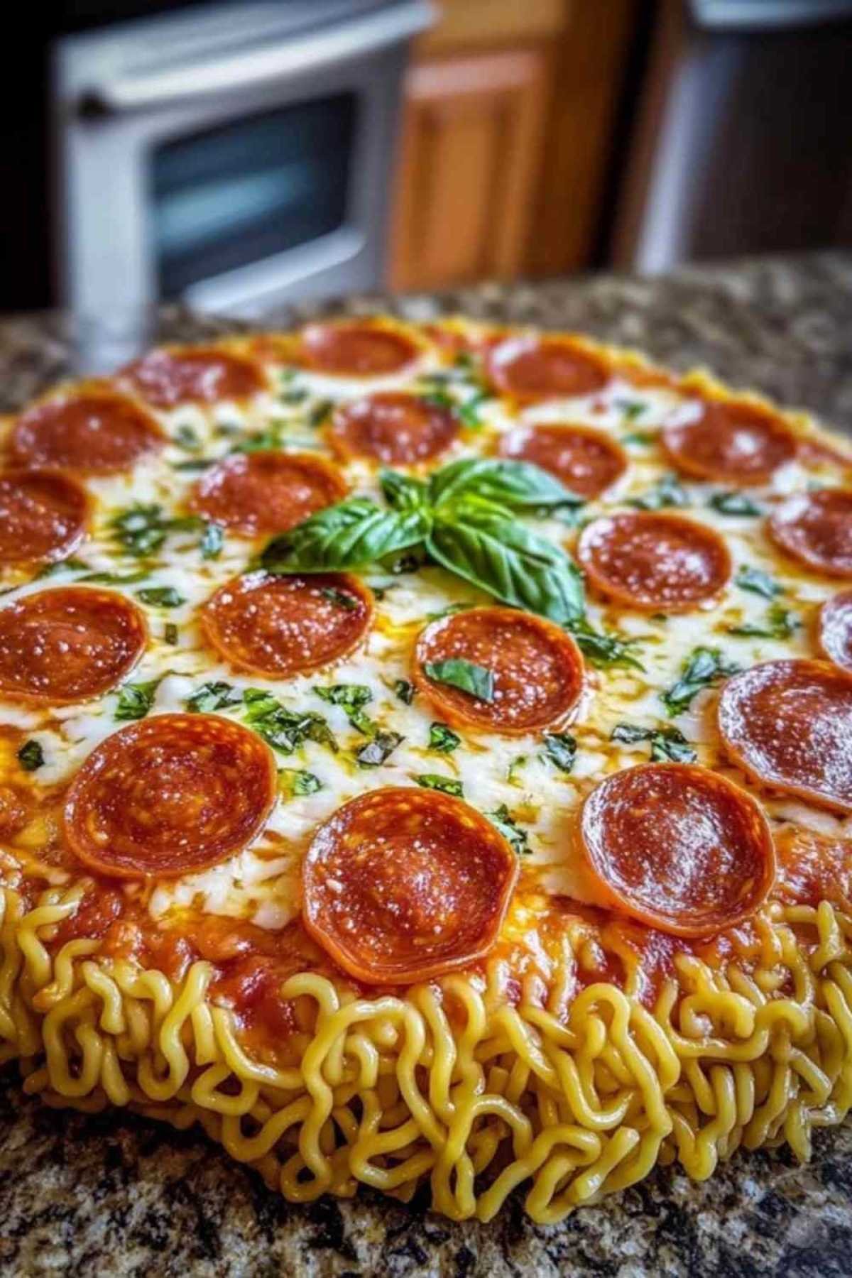 Pizza ramen cuite avec fromage fondu et basilic frais