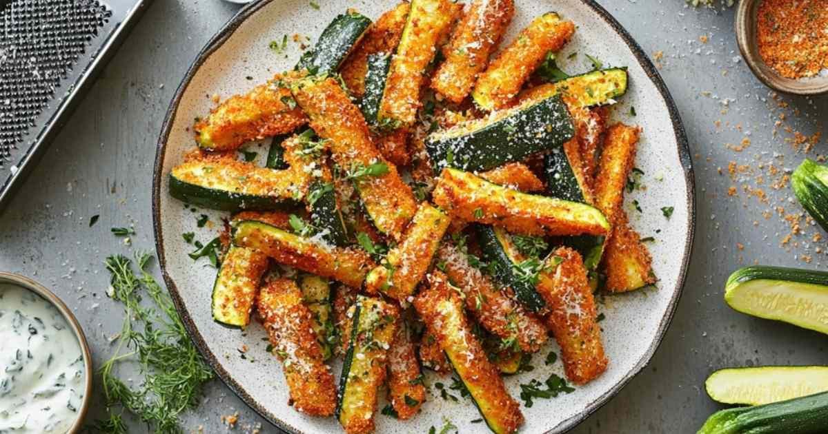 Assiette de frites de courgettes au parmesan servies avec une sauce au yaourt