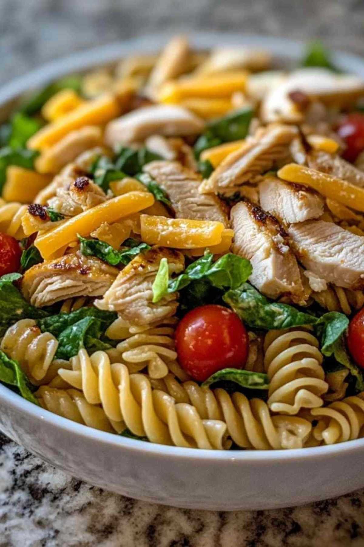 Ingrédients pour la salade de pâtes au ranch disposés sur un plan de travail