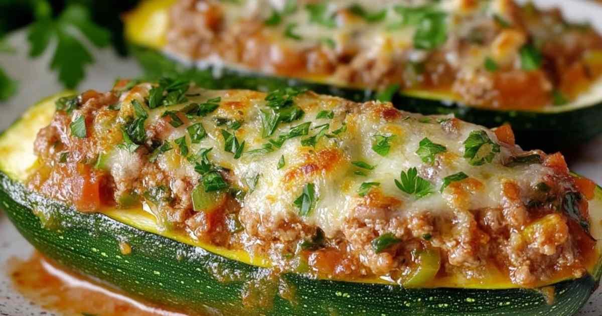 Courgettes farcies légères au bœuf et riz servies dans un plat
