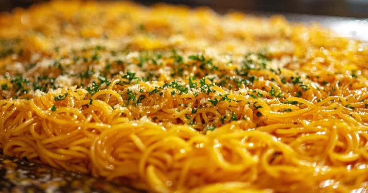 Pâtes au beurre et à l’ail dans une assiette blanche