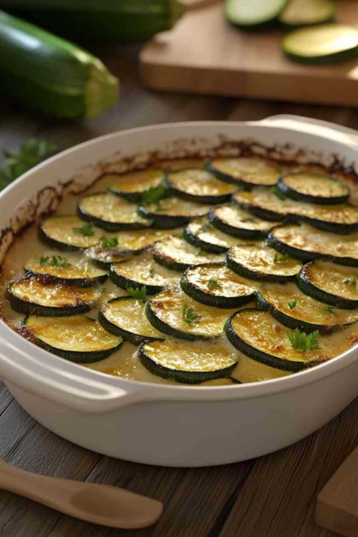 Gratin de courgettes au parmesan doré et fumant sortant du four