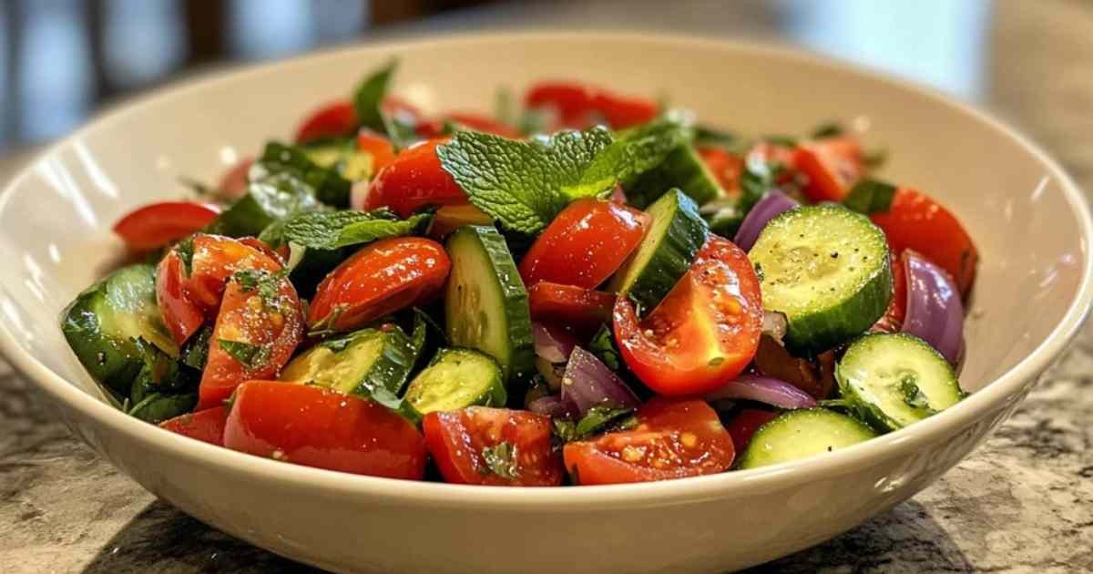 Salade de concombre fraîche avec tomates, oignon rouge et menthe