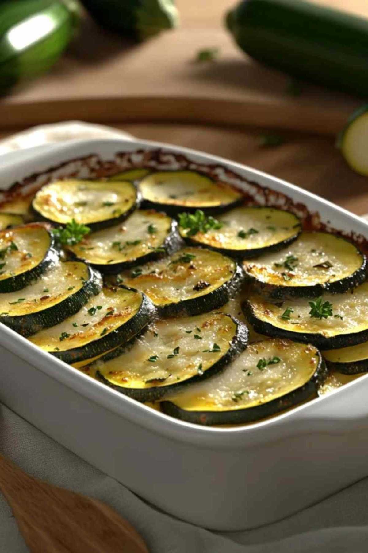 Gratin de courgettes au parmesan doré et fumant sortant du four