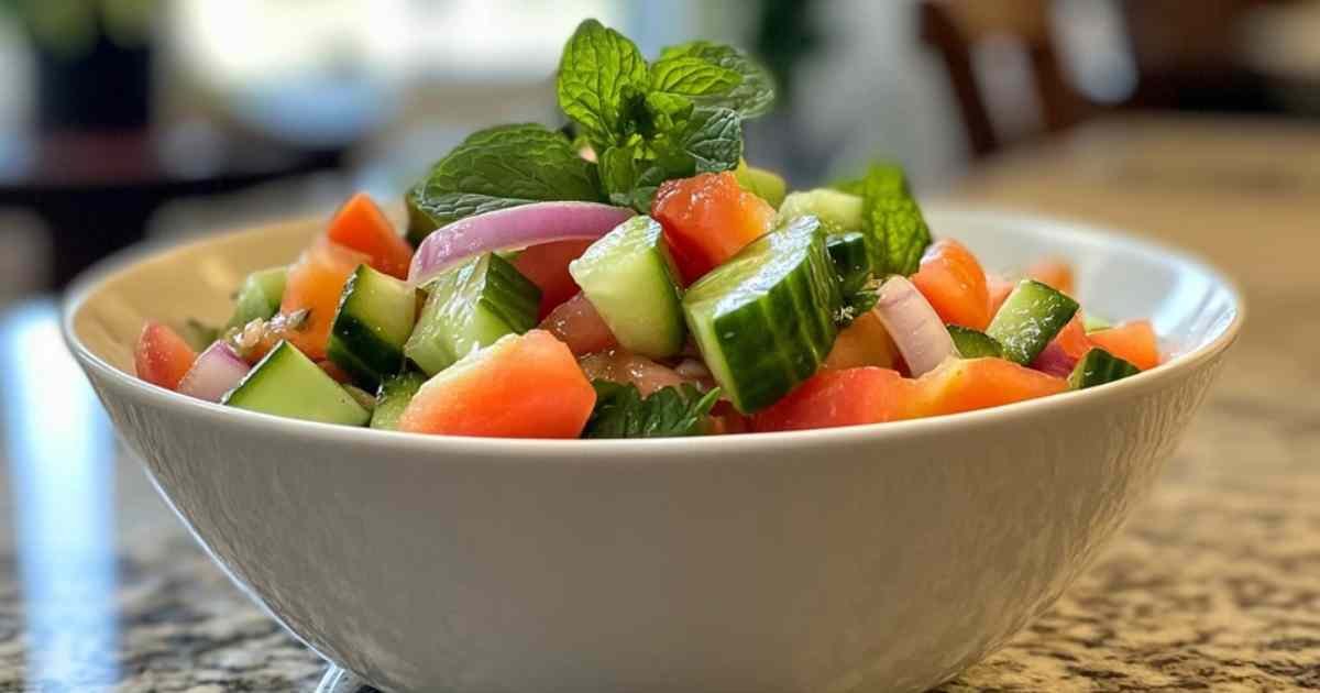 Salade de concombre fraîche avec tomates, oignon rouge et menthe