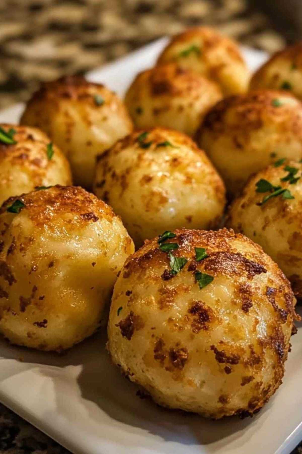 Boulettes de pommes de terre croustillantes dorées servies sur un plateau
