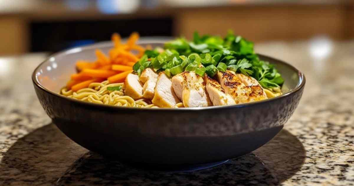Bol de ramen au poulet crémeux à l’ail avec garnitures fraîches