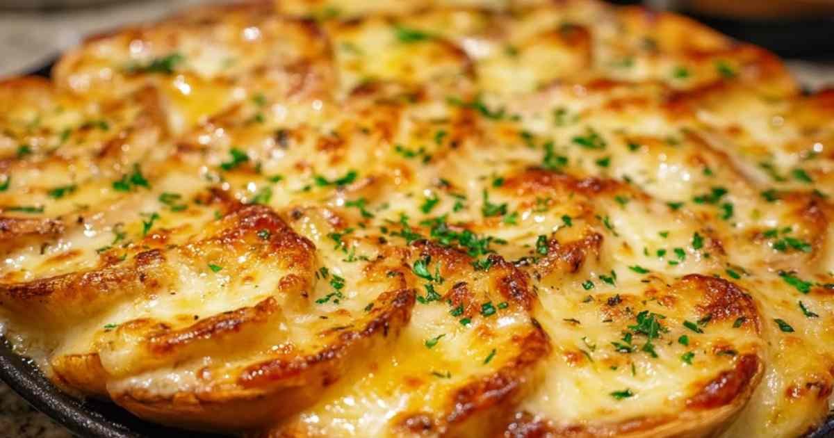 Champignons de Paris frais garnis d’un mélange crémeux à l’ail et aux herbes, saupoudrés de fromage râpé