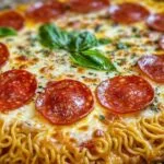 Préparation de la croûte de pizza ramen avec nouilles et fromage
