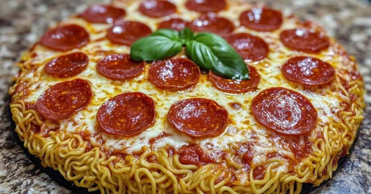 Pizza ramen garnie de sauce tomate, mozzarella et pepperoni