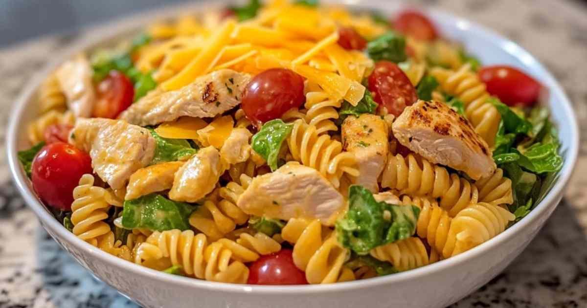 Salade de pâtes au ranch avec tomates cerises et cheddar dans un saladier