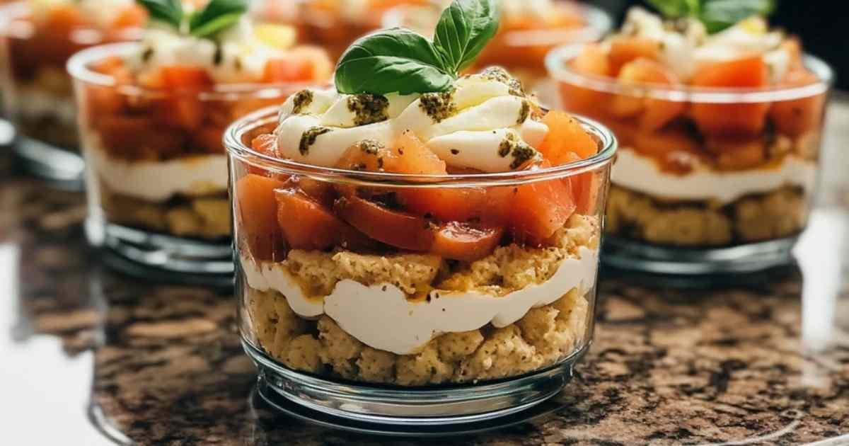 Tiramisu salé aux tomates et mozzarella avec pesto en verrines