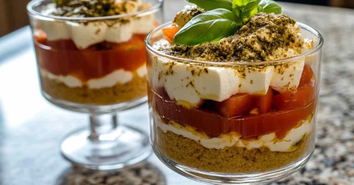 Tiramisu salé aux tomates et mozzarella avec pesto en verrines