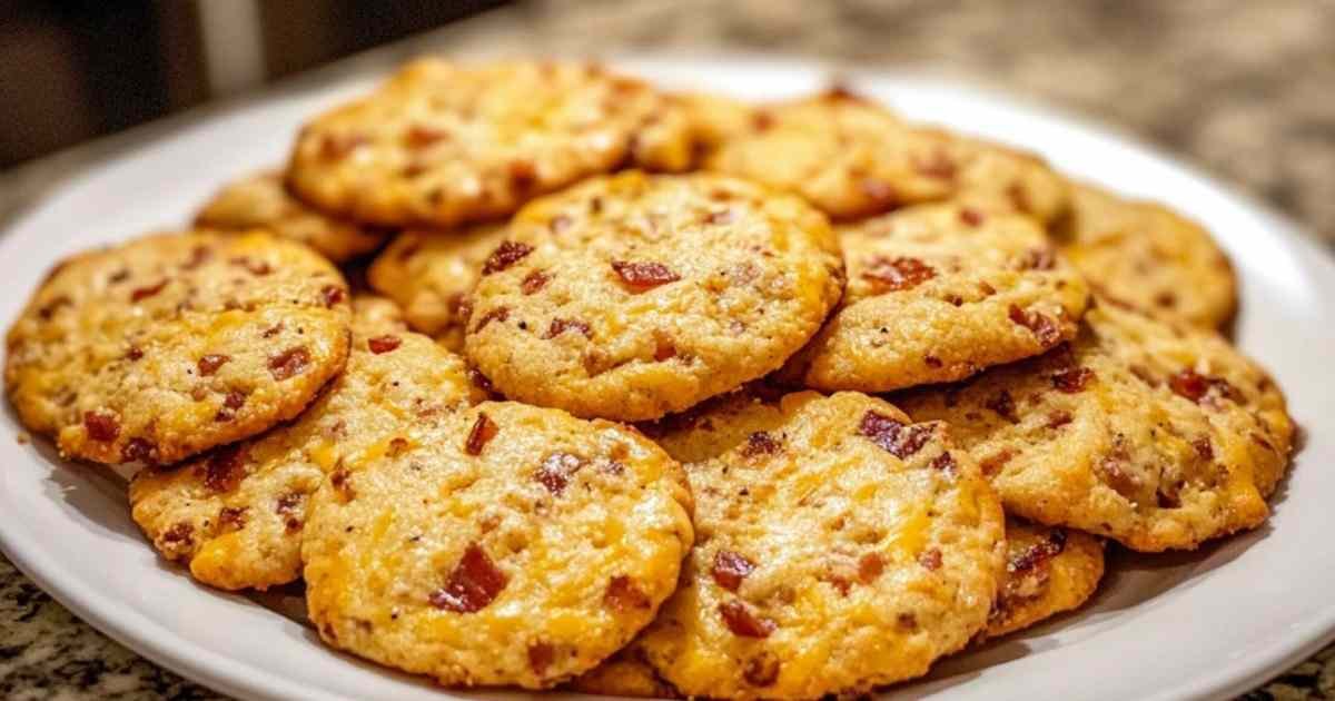 Cookies au cheddar et lardons dorés sur une assiette