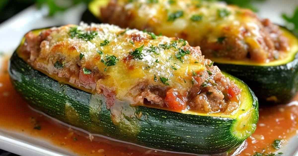 Courgettes farcies légères au bœuf et riz servies dans un plat
