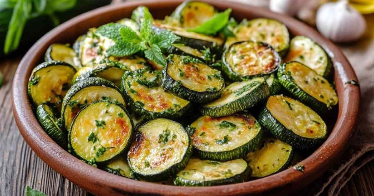 Gros plan sur le sauté de courgettes aux champignons parsemé de persil frais