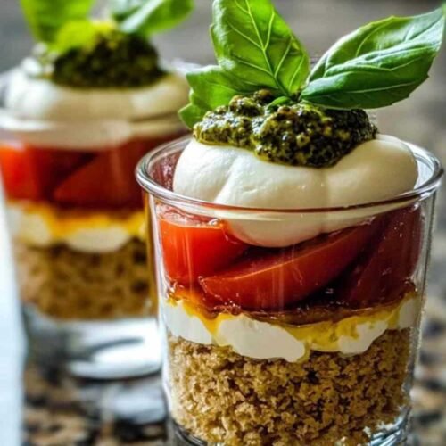 Tiramisu salé tomates mozzarella servi à l’apéritif