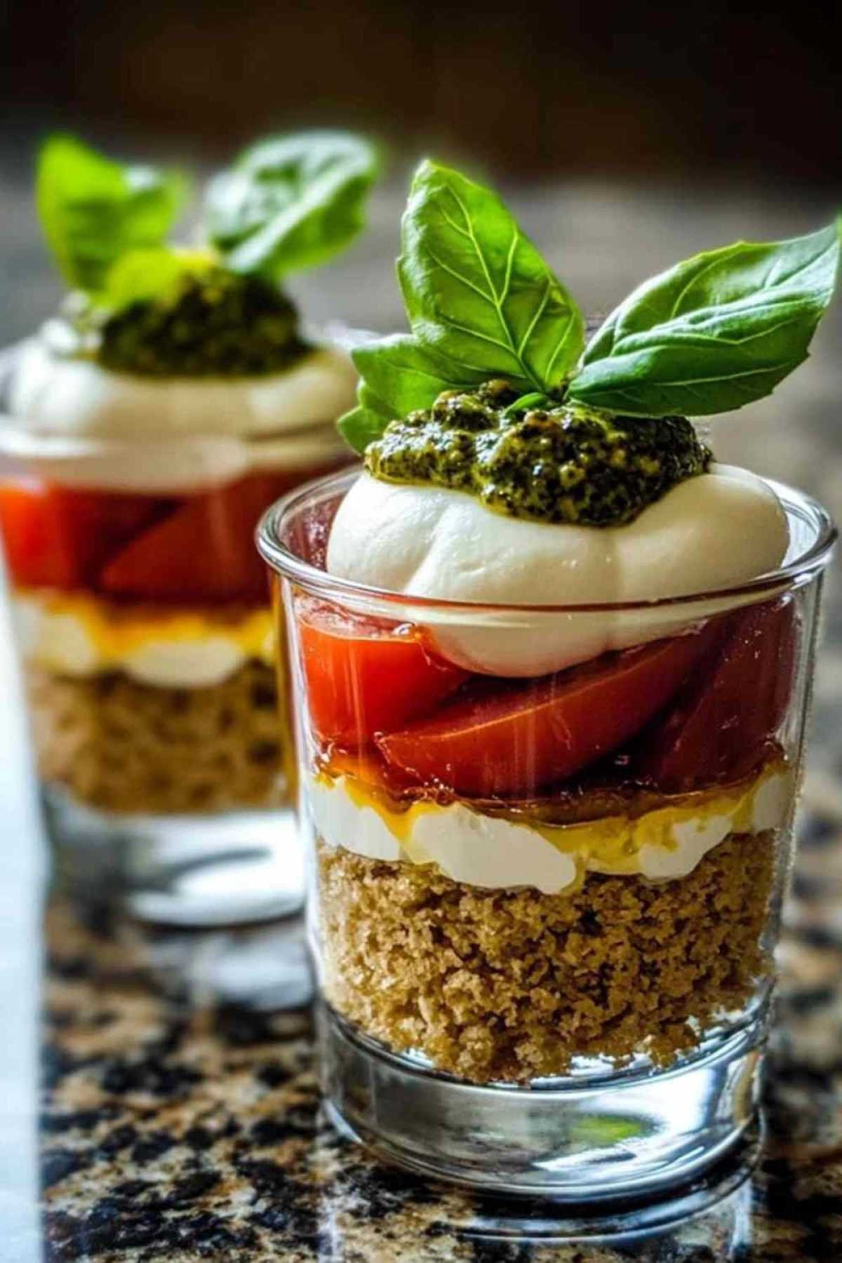 Tiramisu salé tomates mozzarella servi à l’apéritif