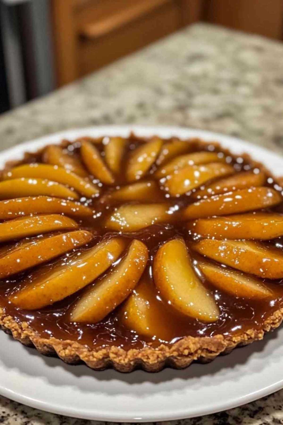 Part de tarte tatin servie avec une boule de glace à la vanille