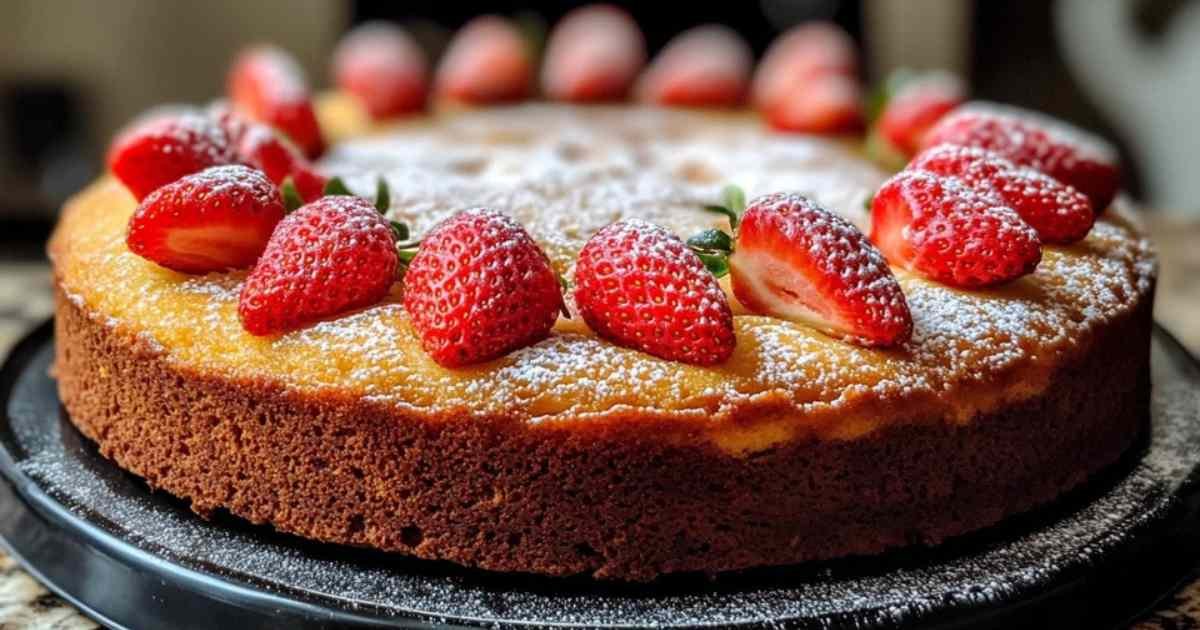 Gâteau fondant au mascarpone et aux fraises saupoudré de sucre glace