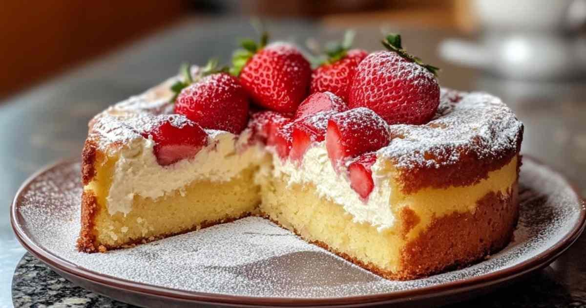Gâteau fondant au mascarpone et aux fraises saupoudré de sucre glace