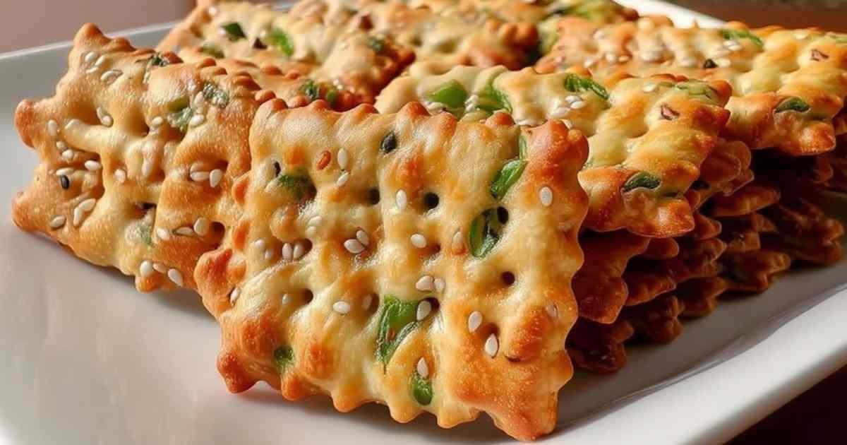 Craquelins aux oignons verts et sésame dorés sur une plaque de cuisson